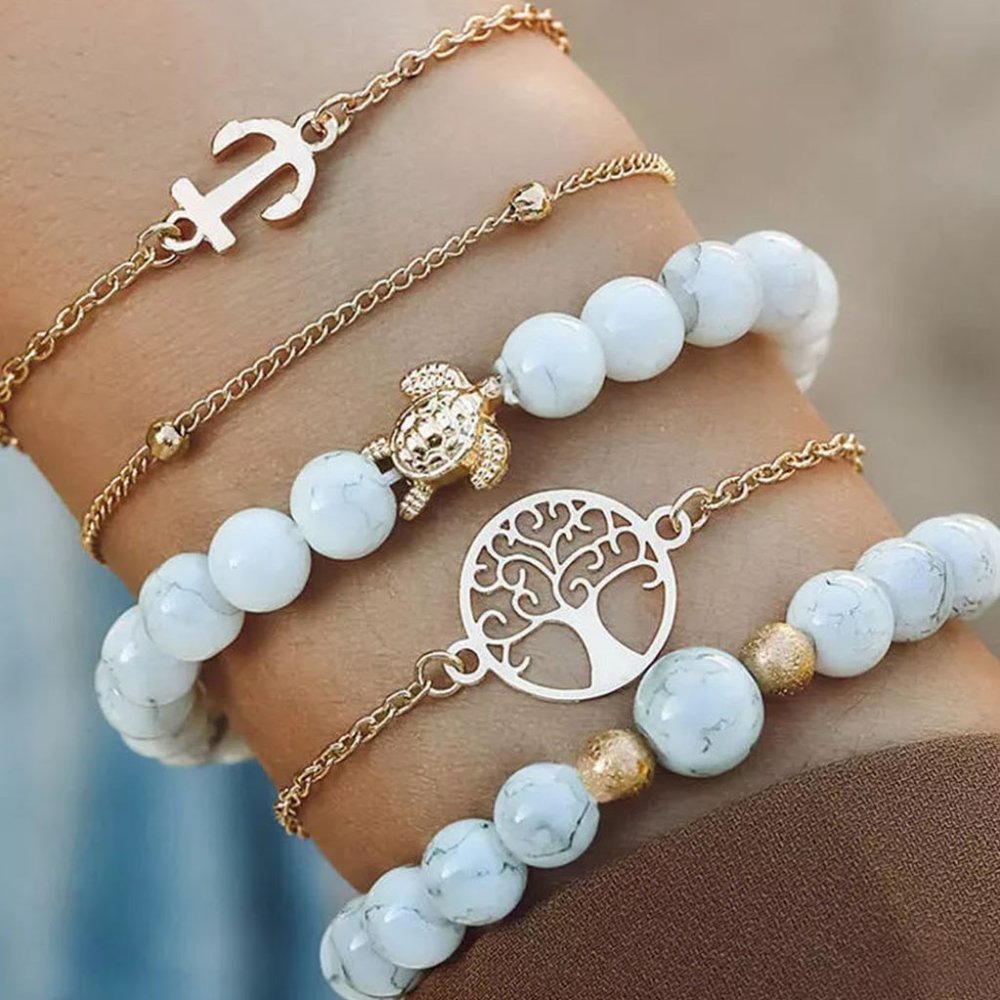 Gold 5Pcs Anchor Turtle Tree Of Life Beading Bracelet